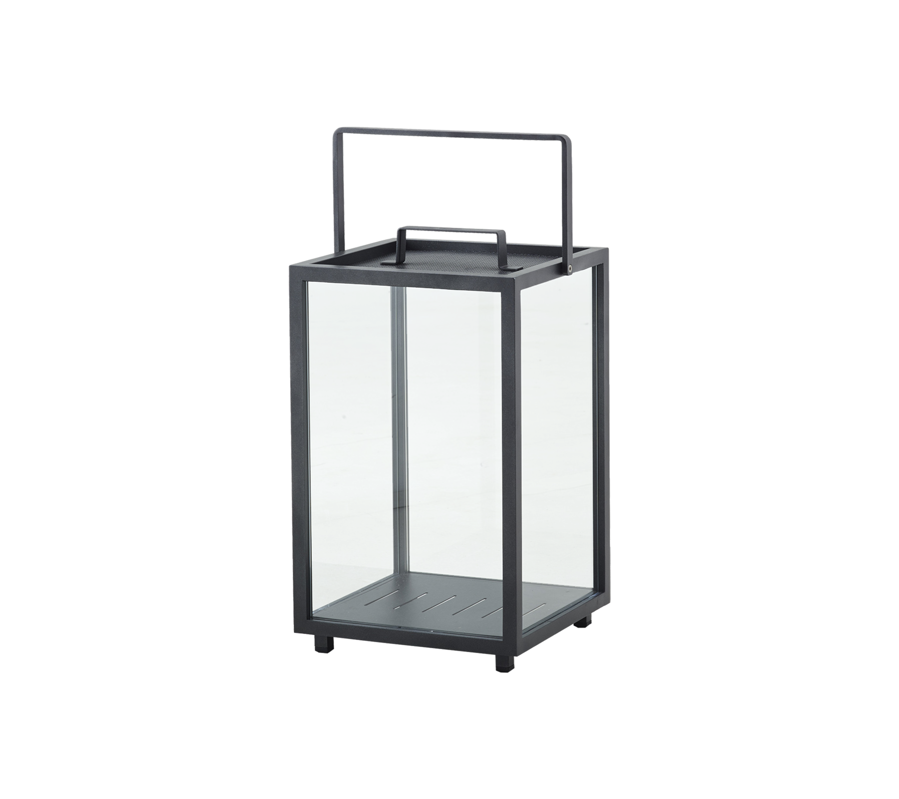 Glass lantern with a metal frame and handle, featuring a sleek design for decorative use or illumination.