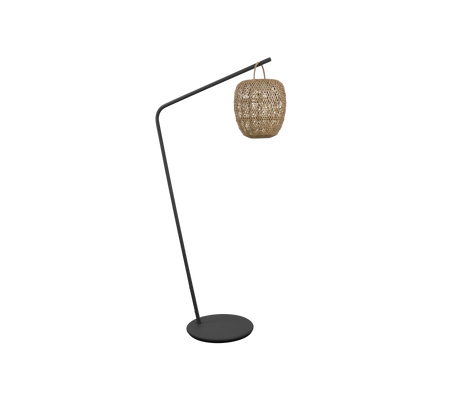 A stylish floor lamp featuring a curved design and a woven shade, perfect for adding a modern touch to your space.
