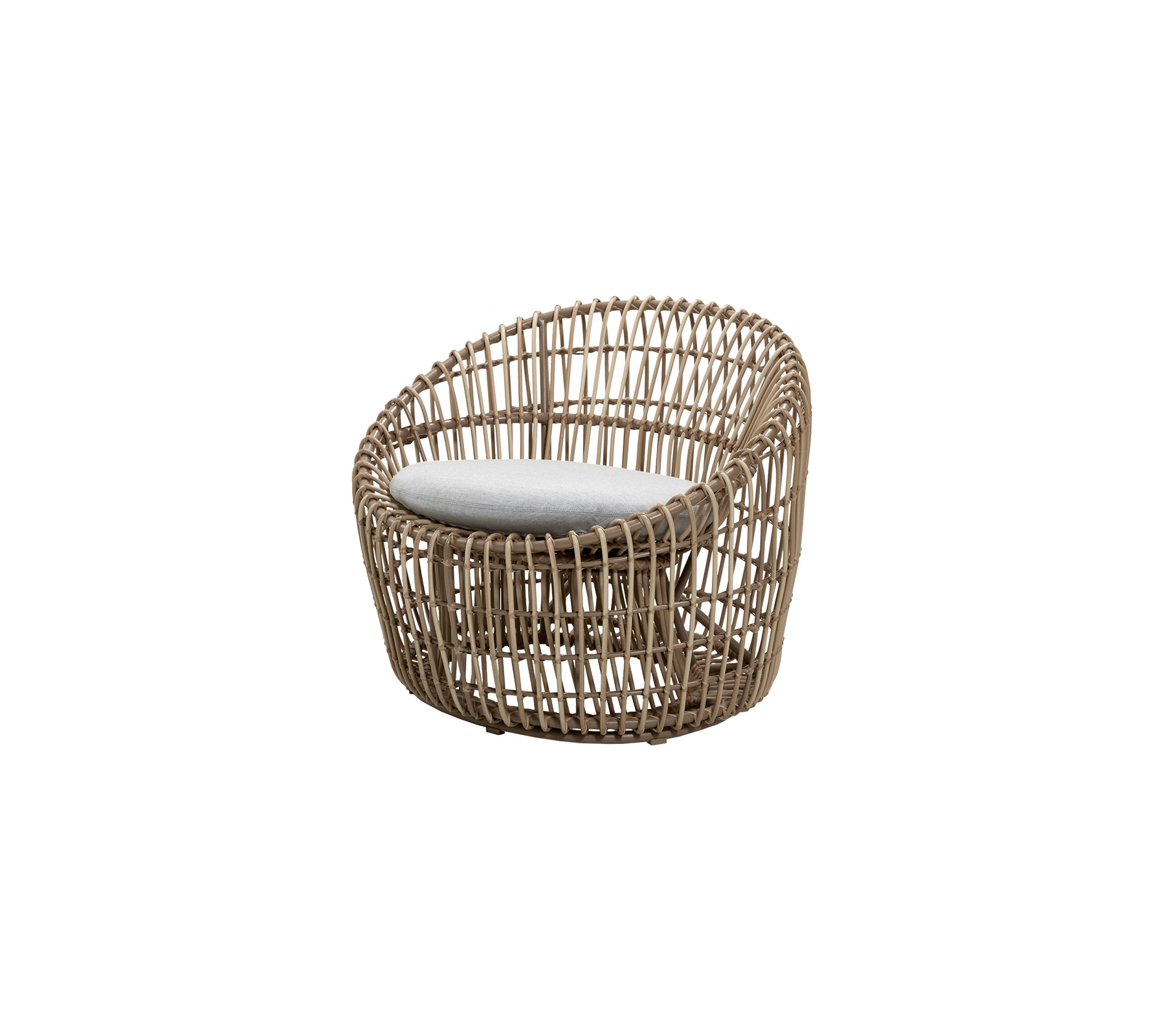 Modern woven lounge chair with a rounded design and a light-colored cushion for comfort. Ideal for stylish seating.