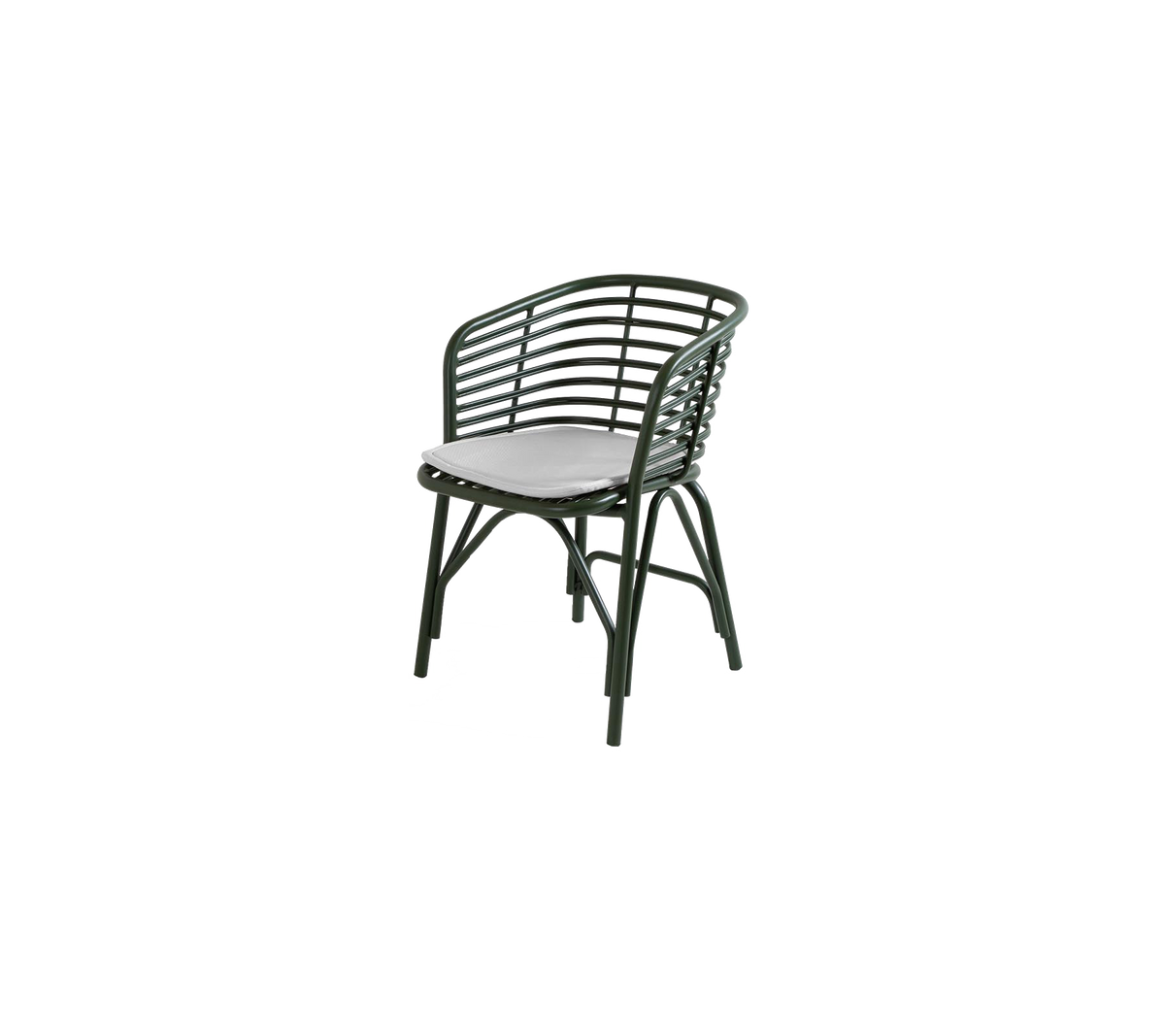 Green woven chair with a curved back and padded seat, designed for comfort and style in casual seating arrangements.