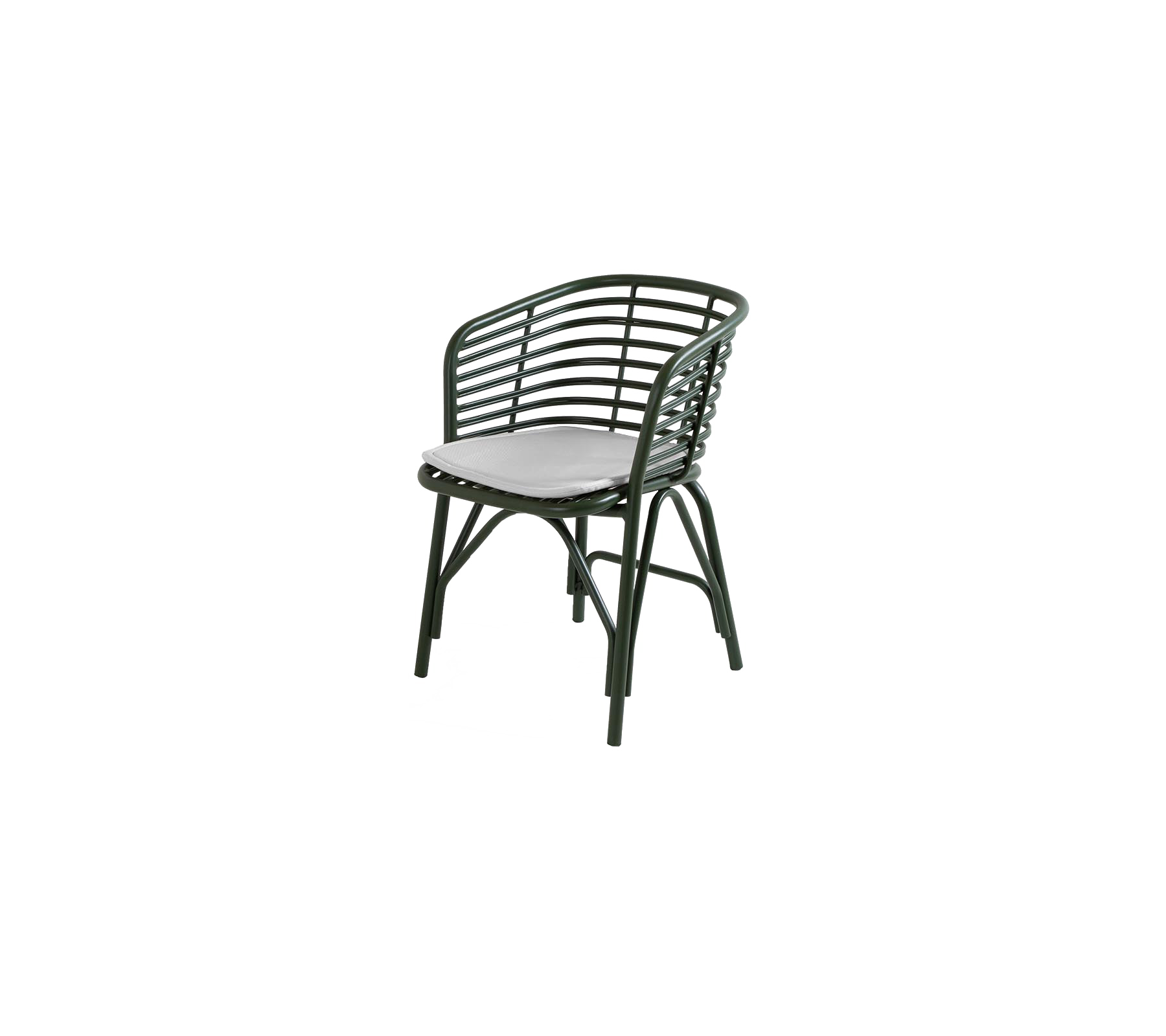 Green woven chair with a curved back and padded seat, designed for comfort and style in casual seating arrangements.