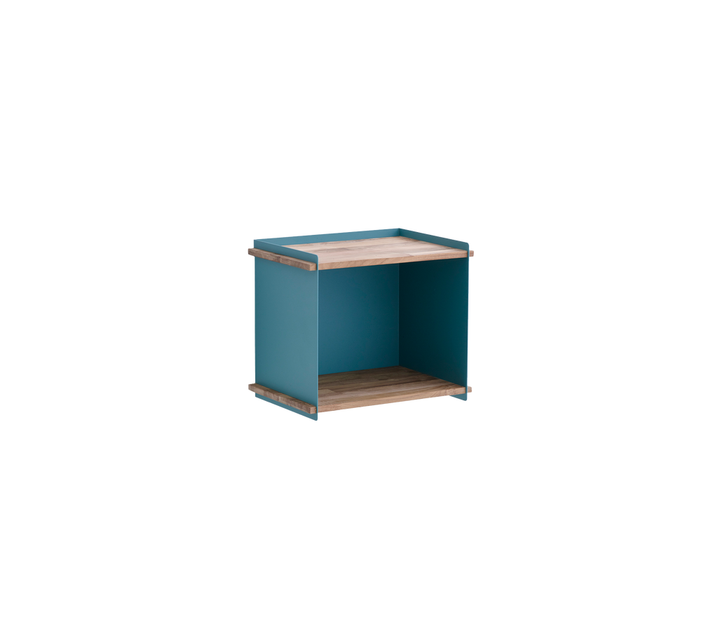 Compact, modern storage unit featuring a natural wood top and blue sides, ideal for organizing small items or as a decorative display.