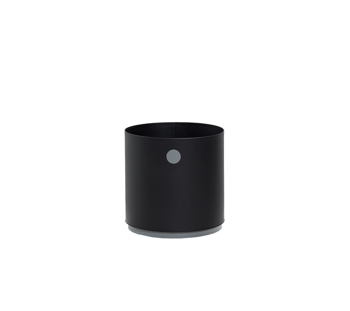 Black cylindrical container with a smooth finish and a small circular detail on the side, perfect for various storage needs.