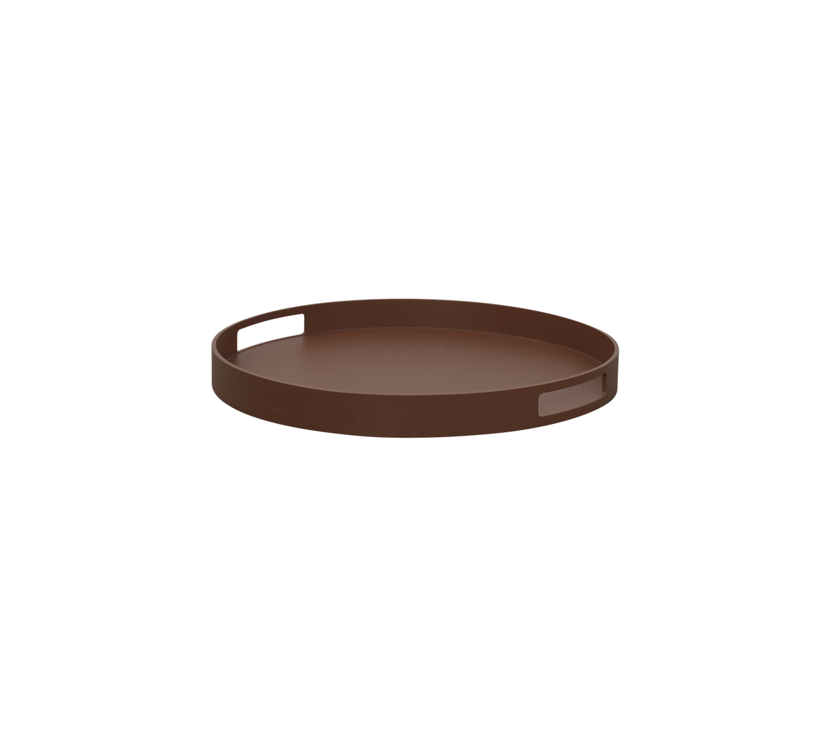 Round brown tray with a smooth surface and a small indentation for easy handling. Ideal for serving or organizing items.