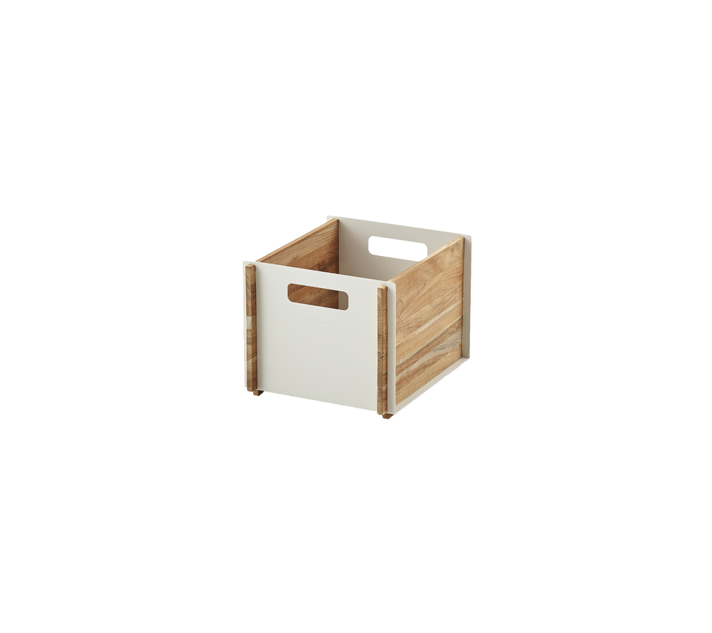 Wooden crate with a light-colored front panel and natural wood sides, featuring cut-out handles for easy carrying.