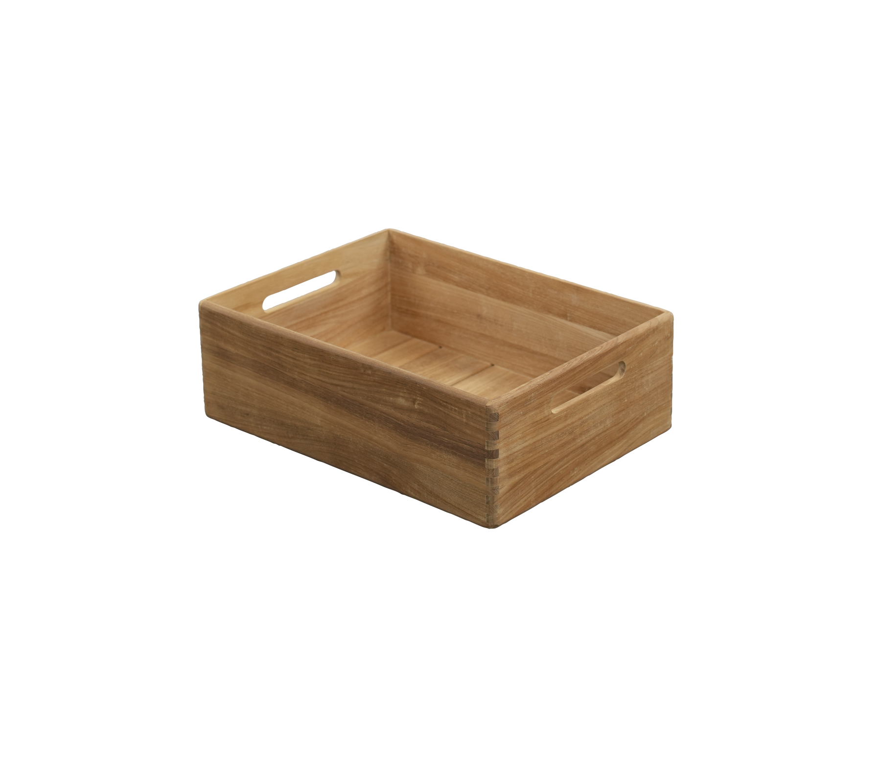 Teak tray with built-in handles, featuring a simple and functional design.