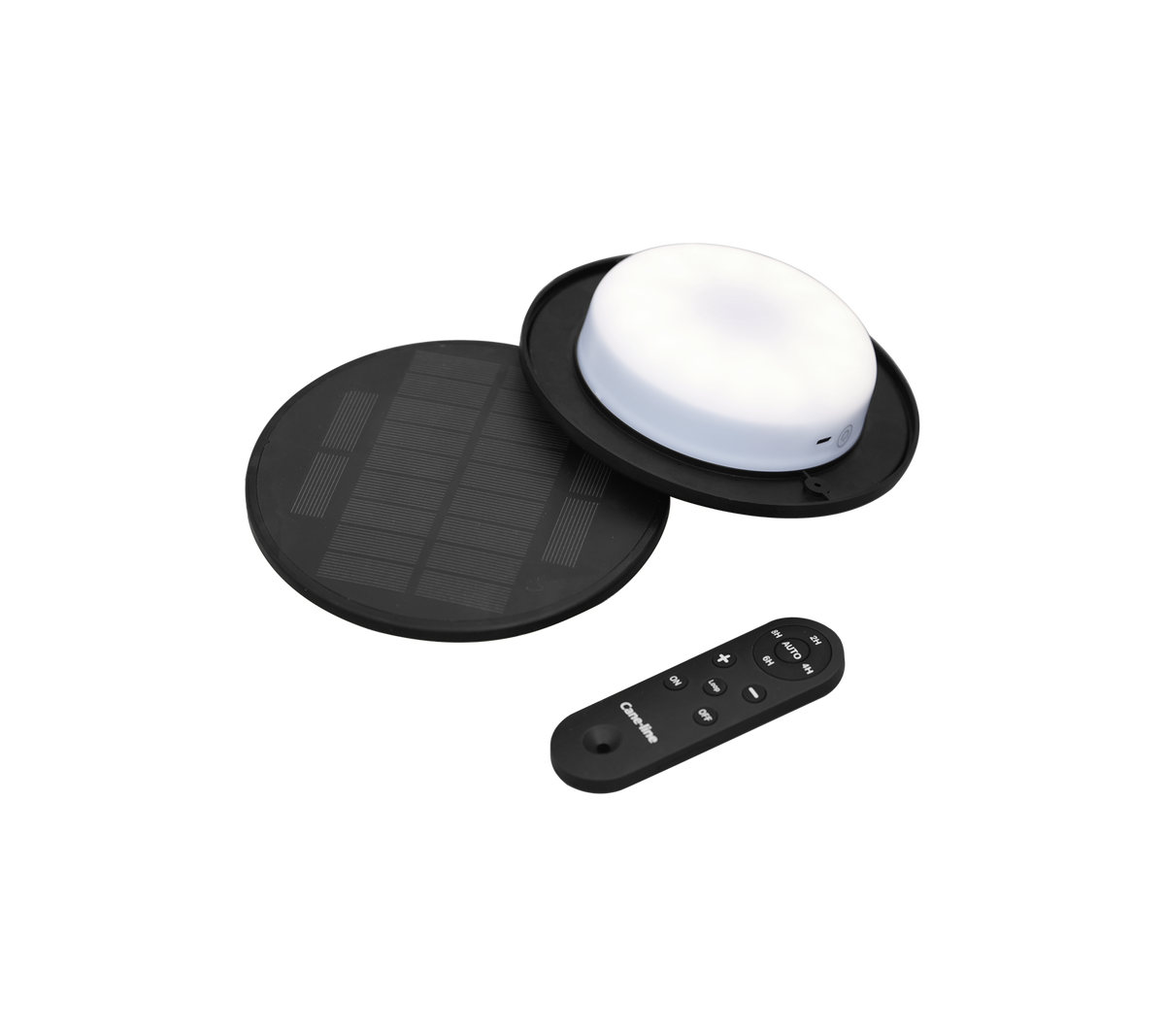 Solar-powered LED light with a round white lamp, a black solar panel, and a remote control for operation.