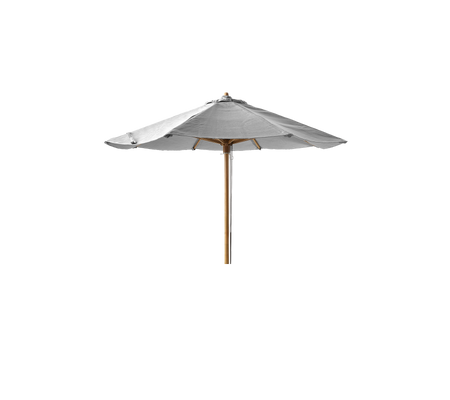 A light-colored umbrella with a wooden pole, designed for shade and outdoor relaxation.
