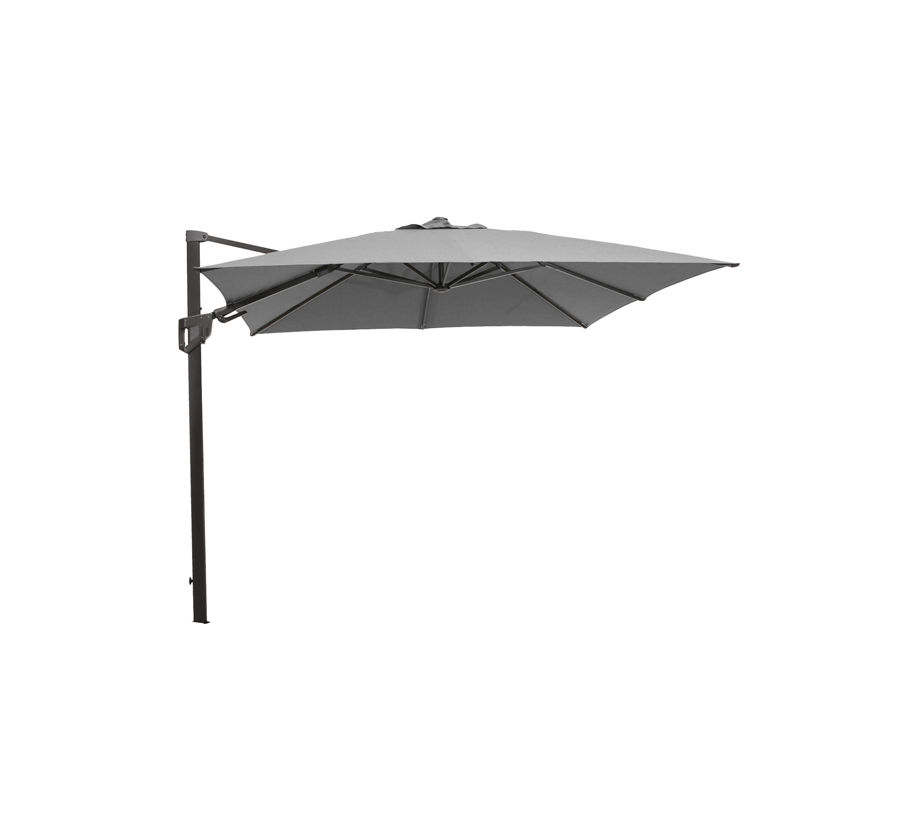 A modern, cantilever outdoor umbrella with a grey canopy and a sturdy black pole. Ideal for providing shade in outdoor spaces.