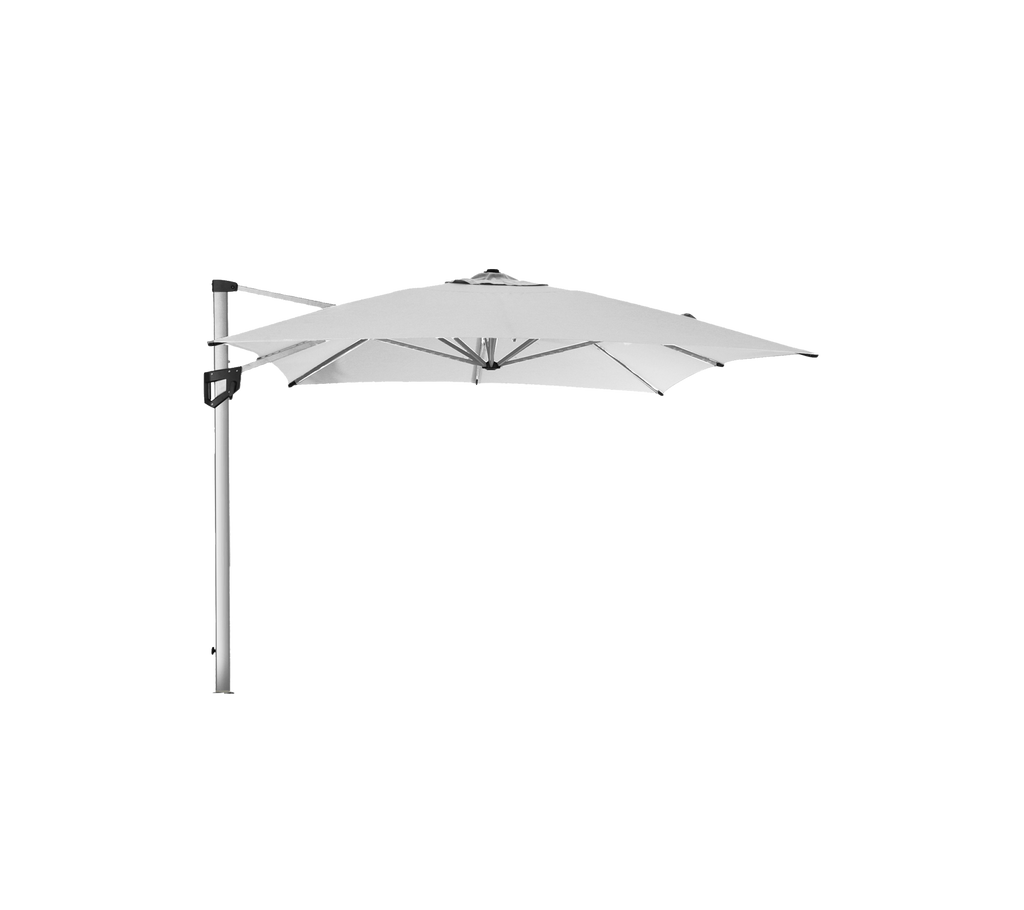 A sleek, white cantilever umbrella with a sturdy silver pole, providing shade and style for outdoor settings.