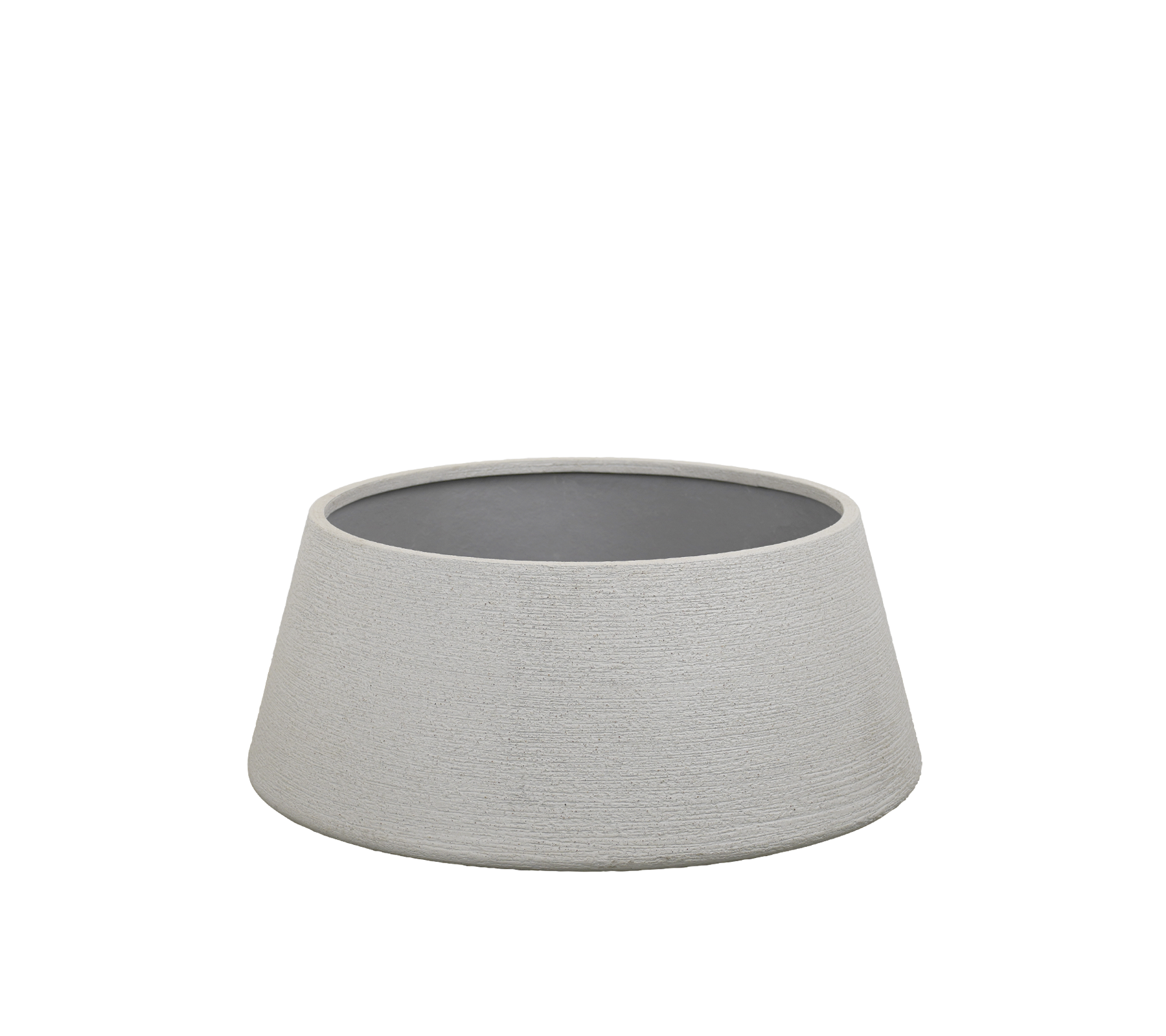 Grey bowl with a textured exterior and dark interior.