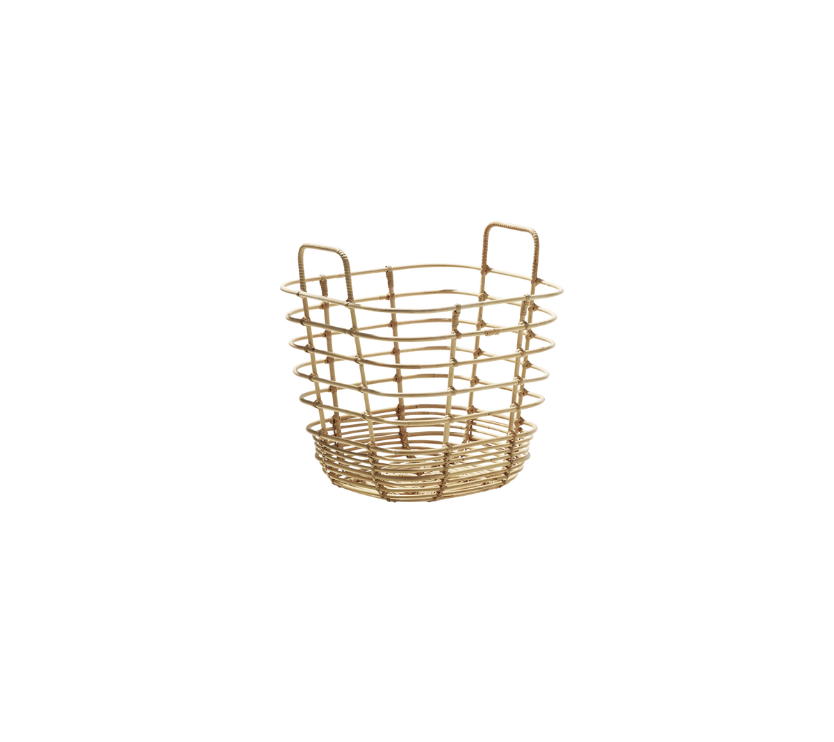 Woven storage basket with handles, featuring a circular design and an open weave for versatility and style.