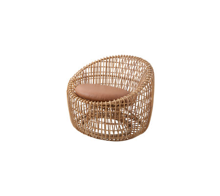 Woven rattan chair with a rounded design and a brown cushioned seat, offering a stylish and comfortable seating option.