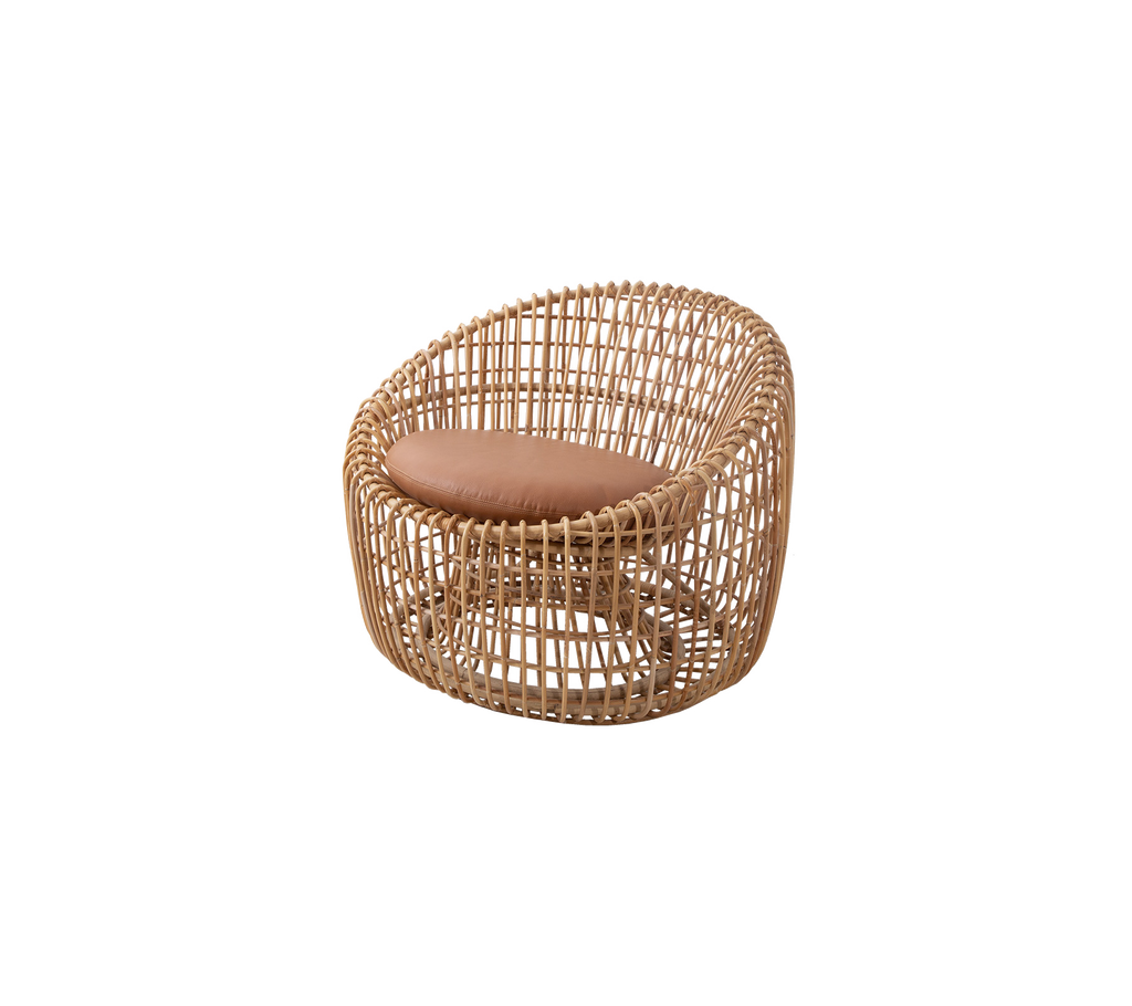Woven rattan chair with a rounded design and a brown cushioned seat, offering a stylish and comfortable seating option.