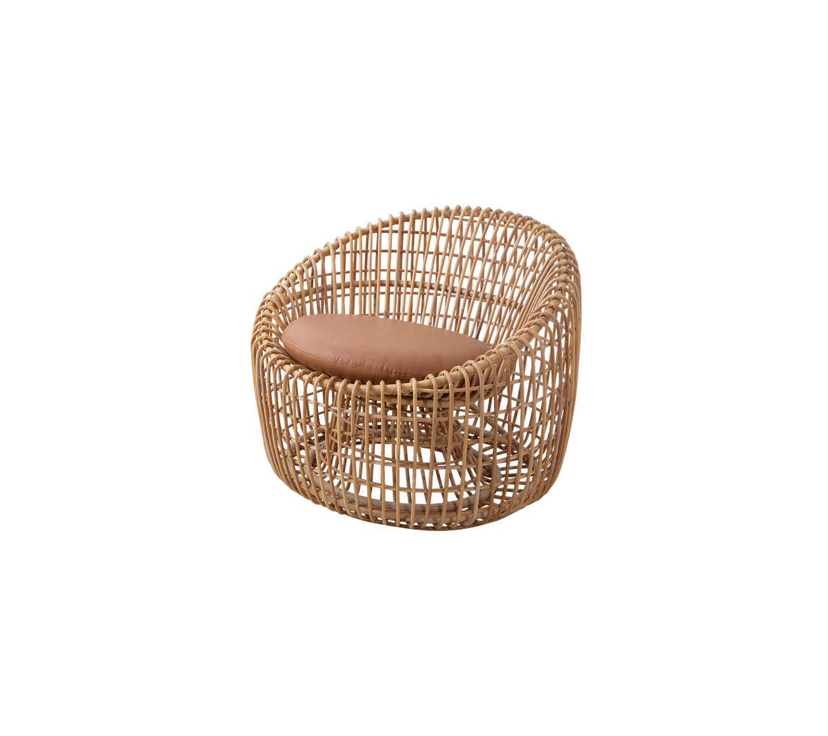 Woven rattan chair with a rounded design and a brown cushioned seat, offering a stylish and comfortable seating option.