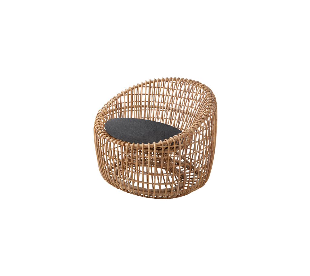 Natural woven chair with a rounded design and a dark cushion in the center, perfect for adding a touch of style to any space.