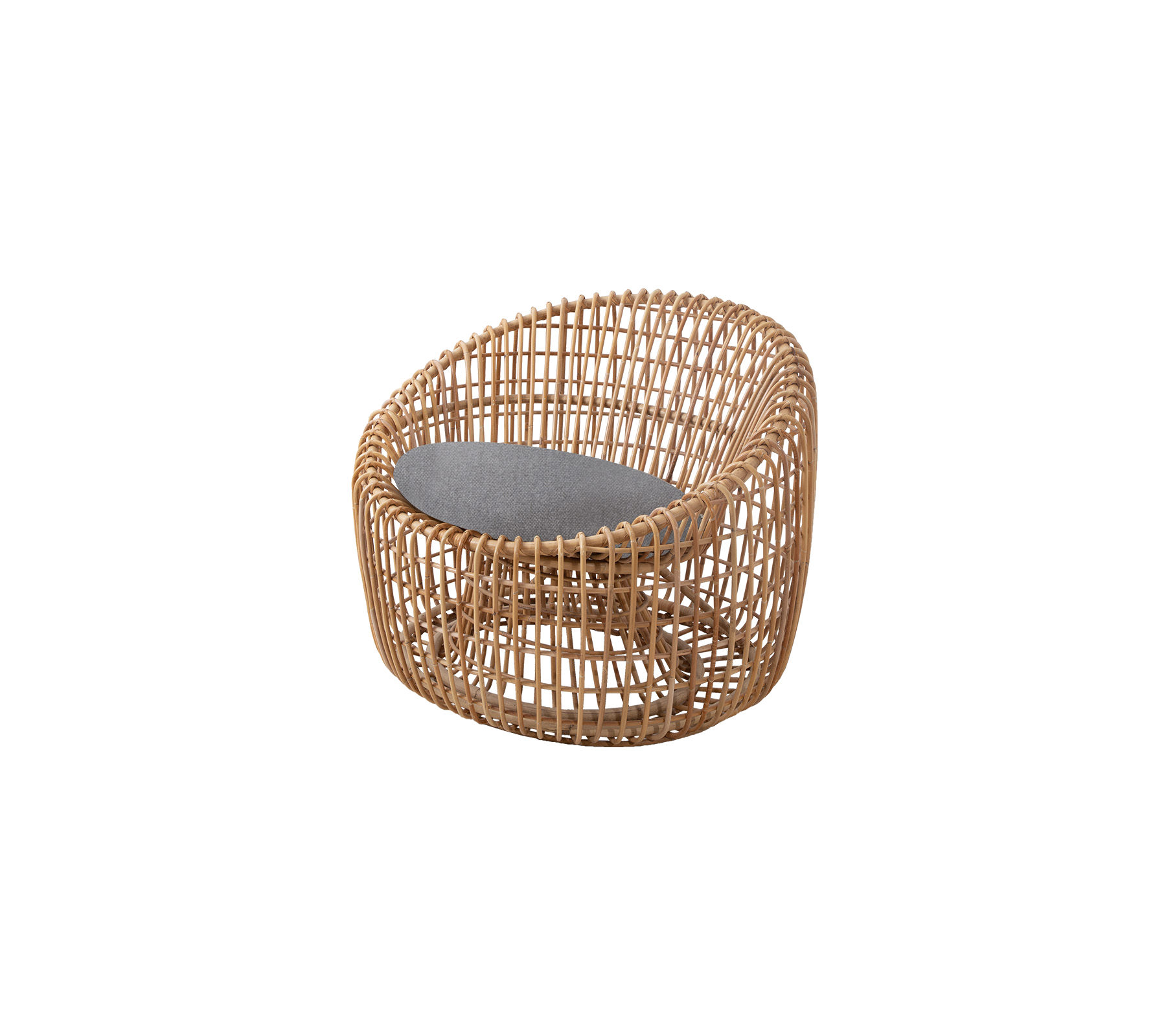 A round wicker chair featuring a cushioned seat for comfort, designed with a natural finish and a modern aesthetic.
