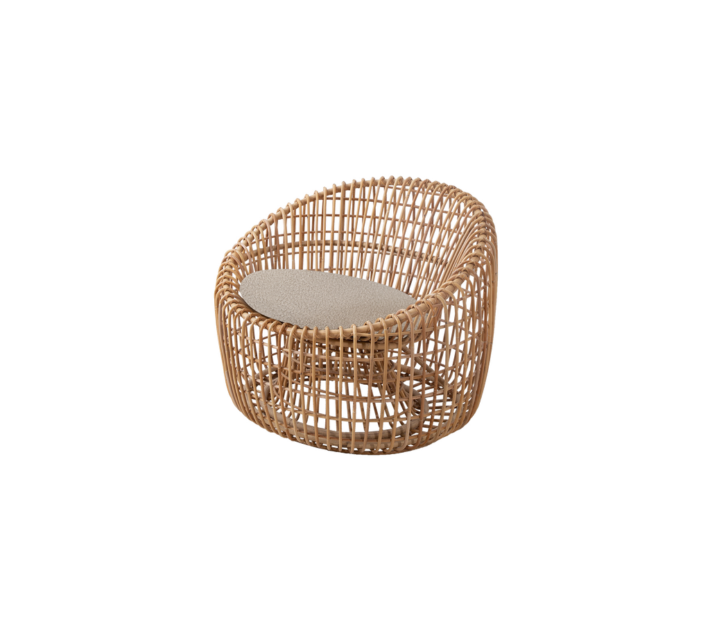Woven chair featuring a rounded design with a comfortable cushion, perfect for adding a touch of elegance to any space.