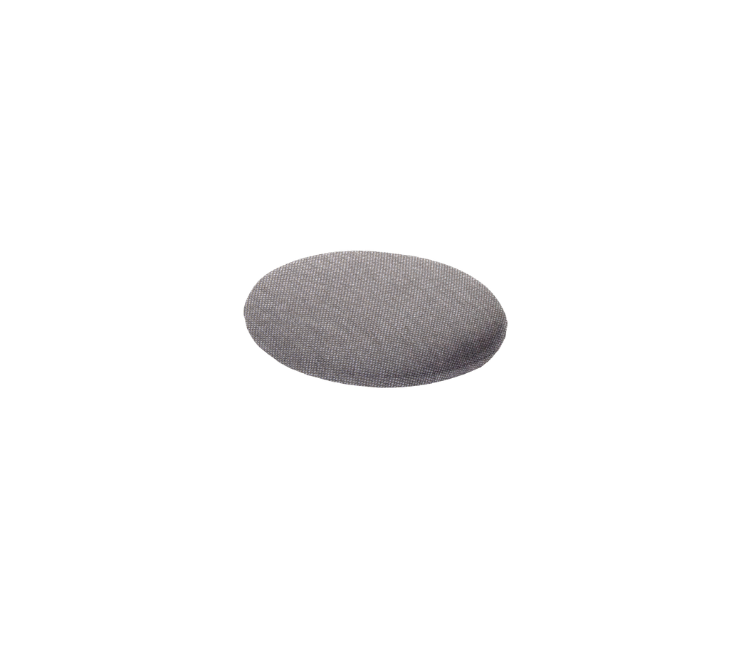A round, gray cushion with a smooth texture, designed for comfort and versatility in various settings.