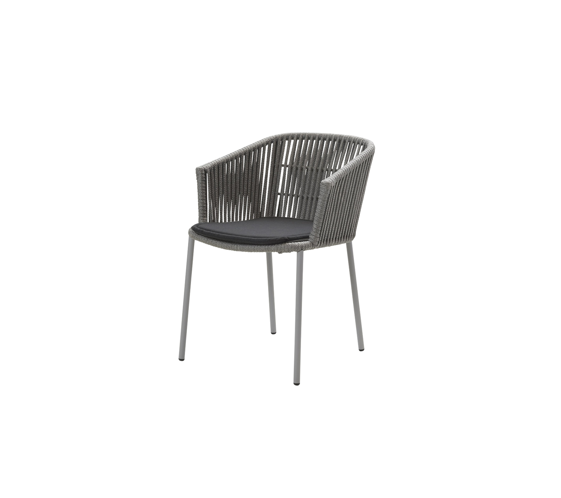 Stylish chair with curved backrest and dark cushion, featuring a woven design and sturdy legs for comfort and support.