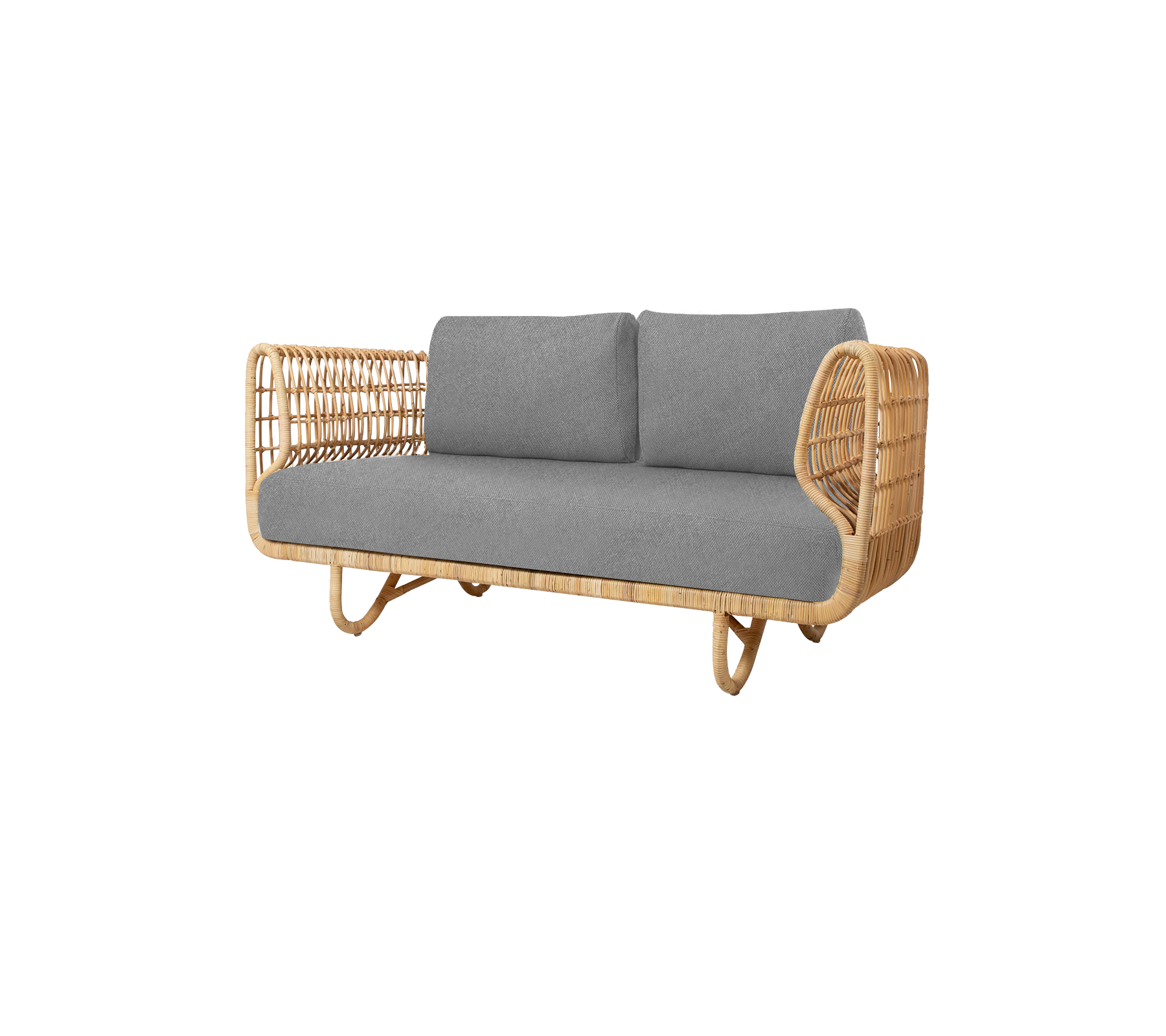 A stylish two-seater sofa featuring a natural rattan frame and soft gray cushions for comfortable seating.