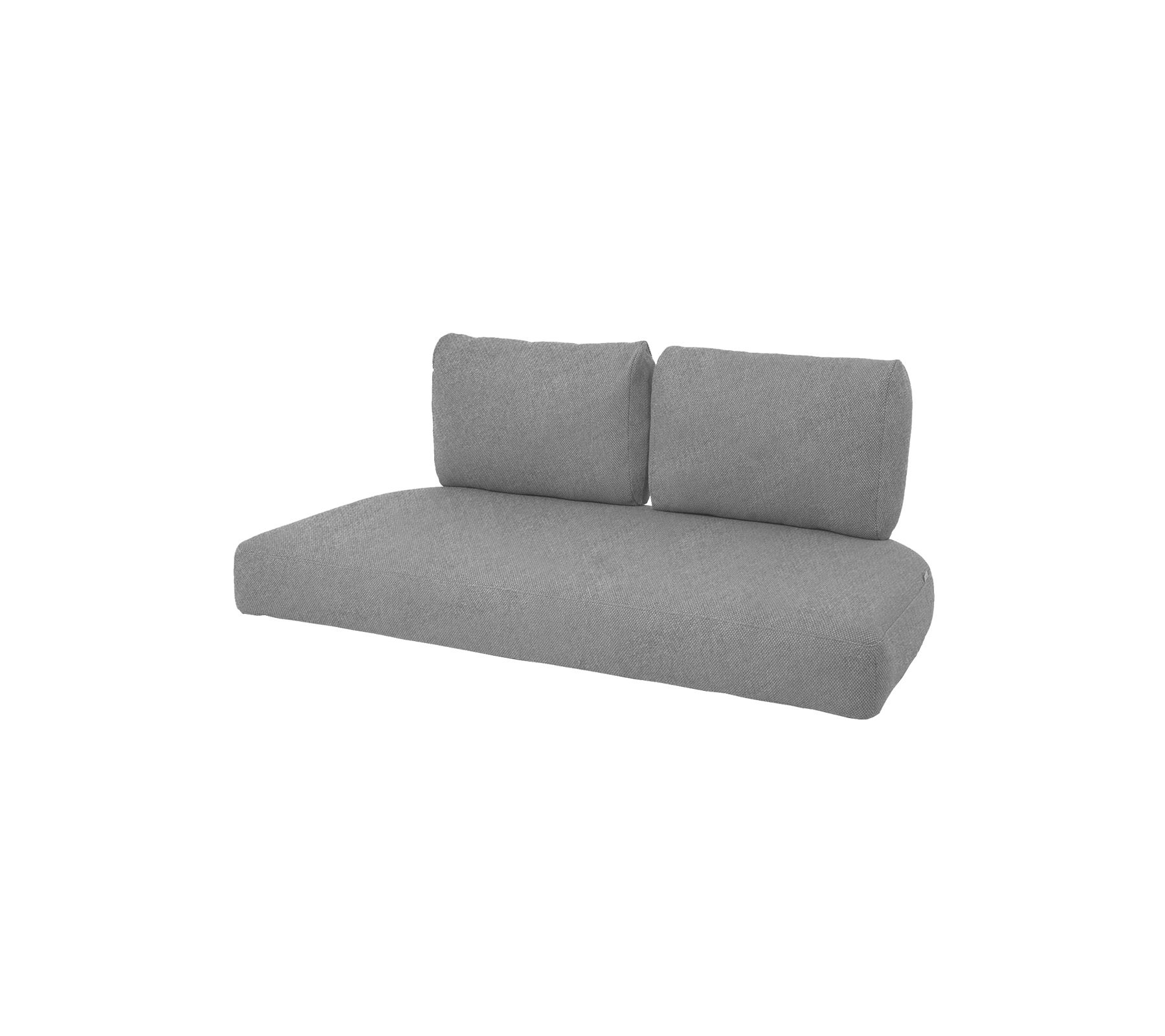 A modern gray sofa with two back cushions, featuring a minimalist design suitable for various living spaces.