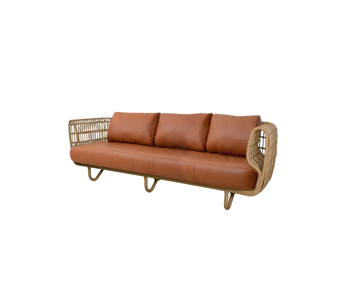 Sleek three-seater sofa featuring a rattan frame and soft brown leather cushions for a stylish and comfortable seating option.