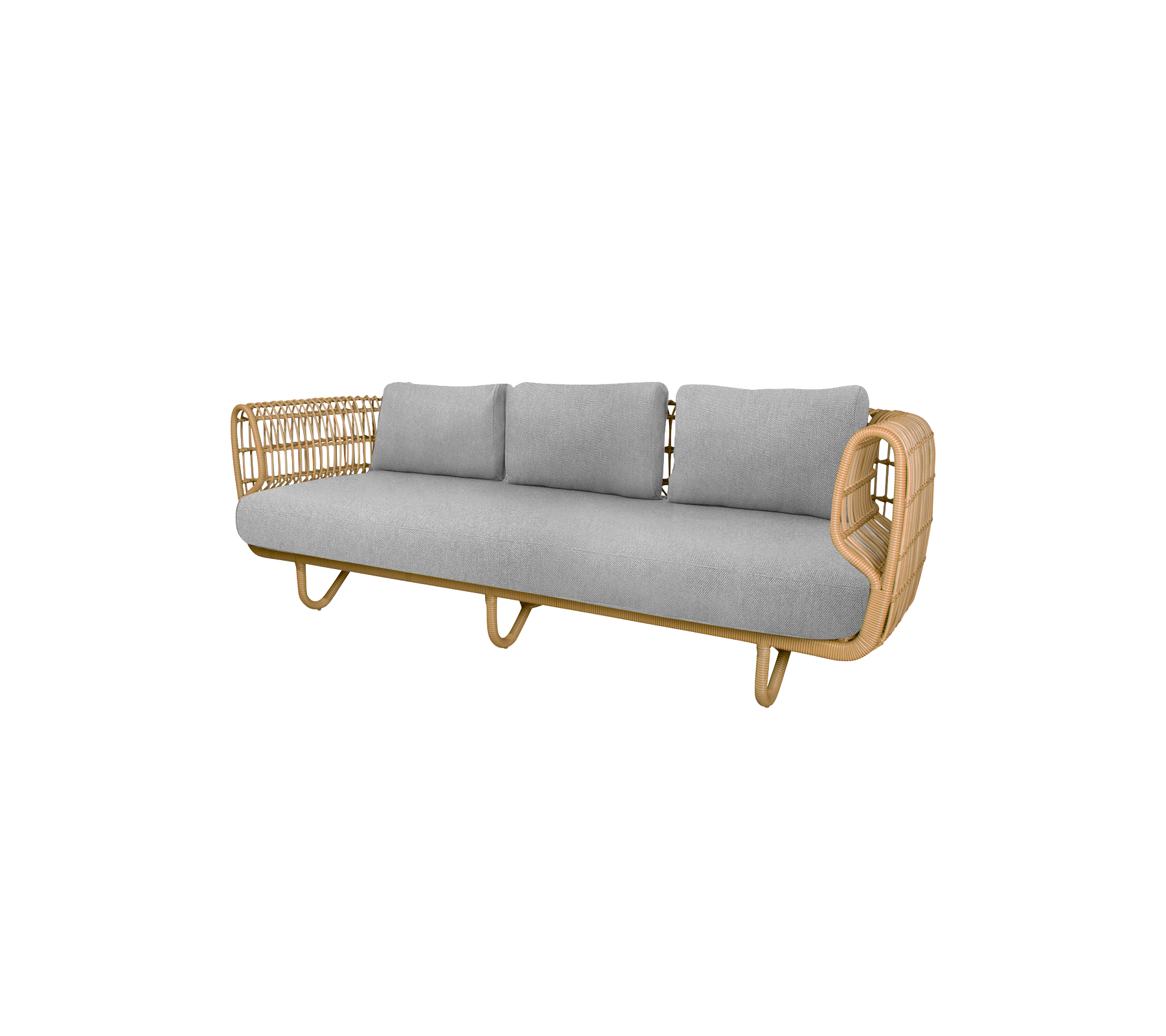 Stylish sofa featuring a natural wood frame and soft gray cushions, perfect for adding comfort and elegance to any space.