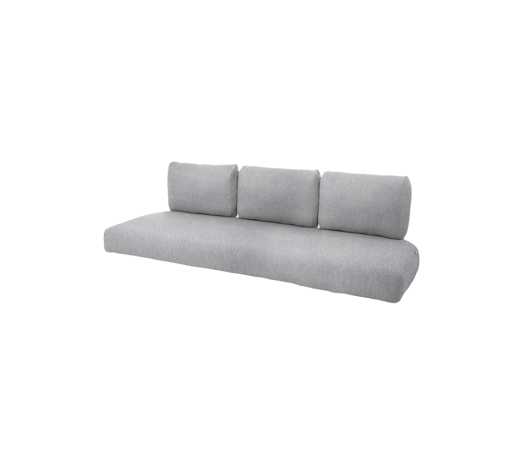 Contemporary gray sofa with three plush back cushions, offering a sleek and minimalist design for modern decor.