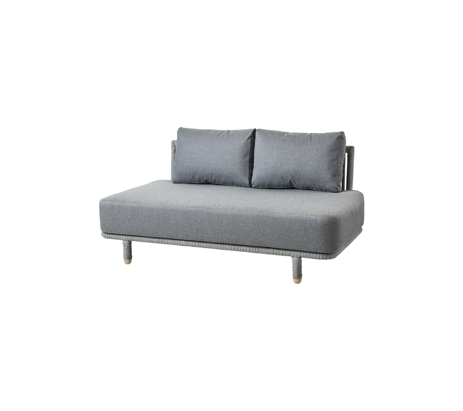 Grey sofa with two cushions and wooden legs, designed for comfort and modern decor.