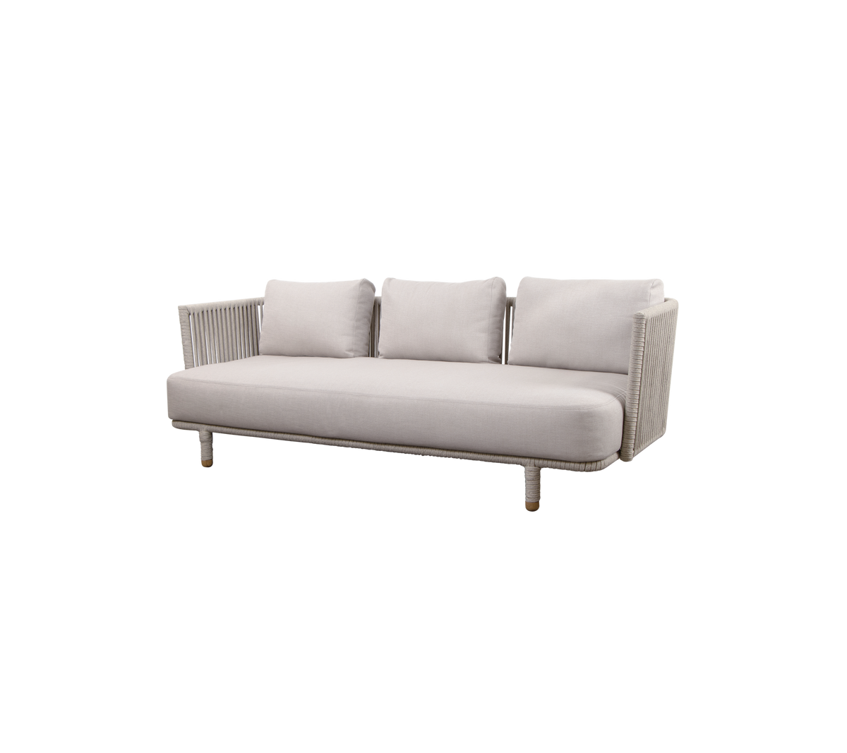 Modern light gray sofa with three cushions and wooden legs, featuring a ribbed design on the arms. Ideal for stylish living spaces.