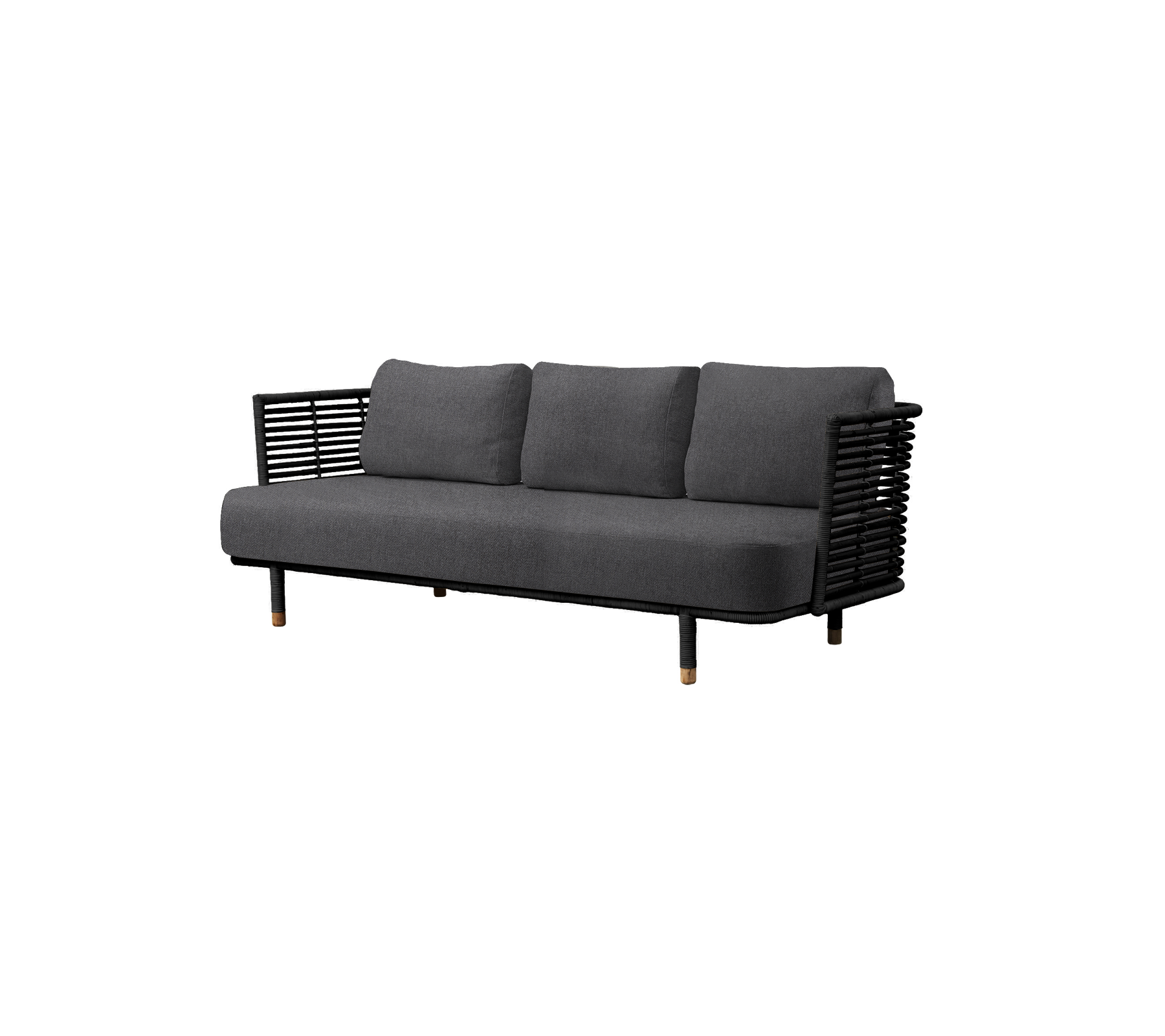 Modern gray sofa with three plush cushions and a sleek black woven frame, perfect for contemporary decor.