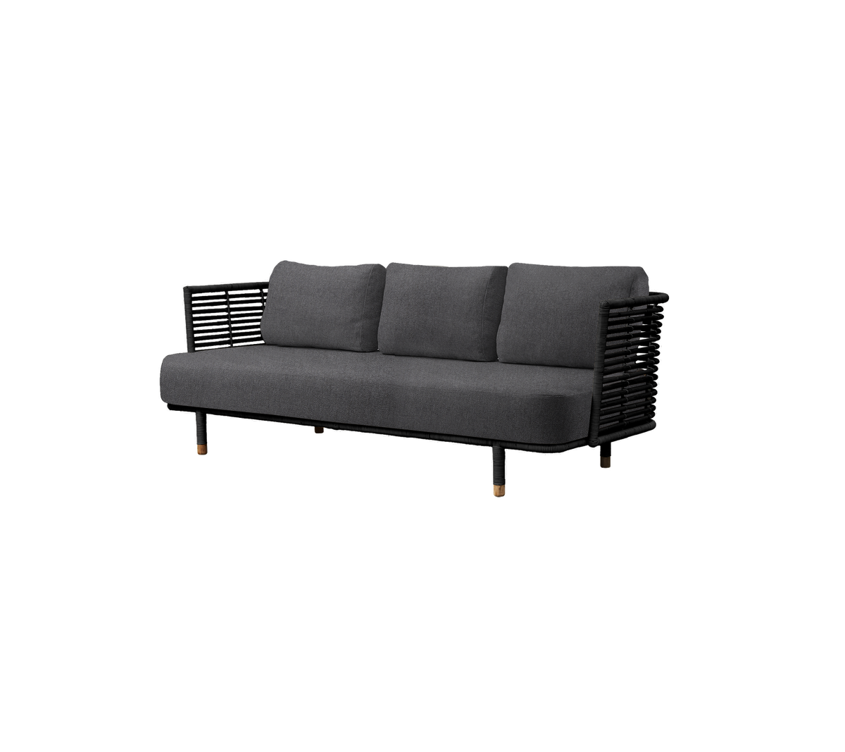 Modern gray sofa with three plush cushions and a sleek black woven frame, perfect for contemporary decor.