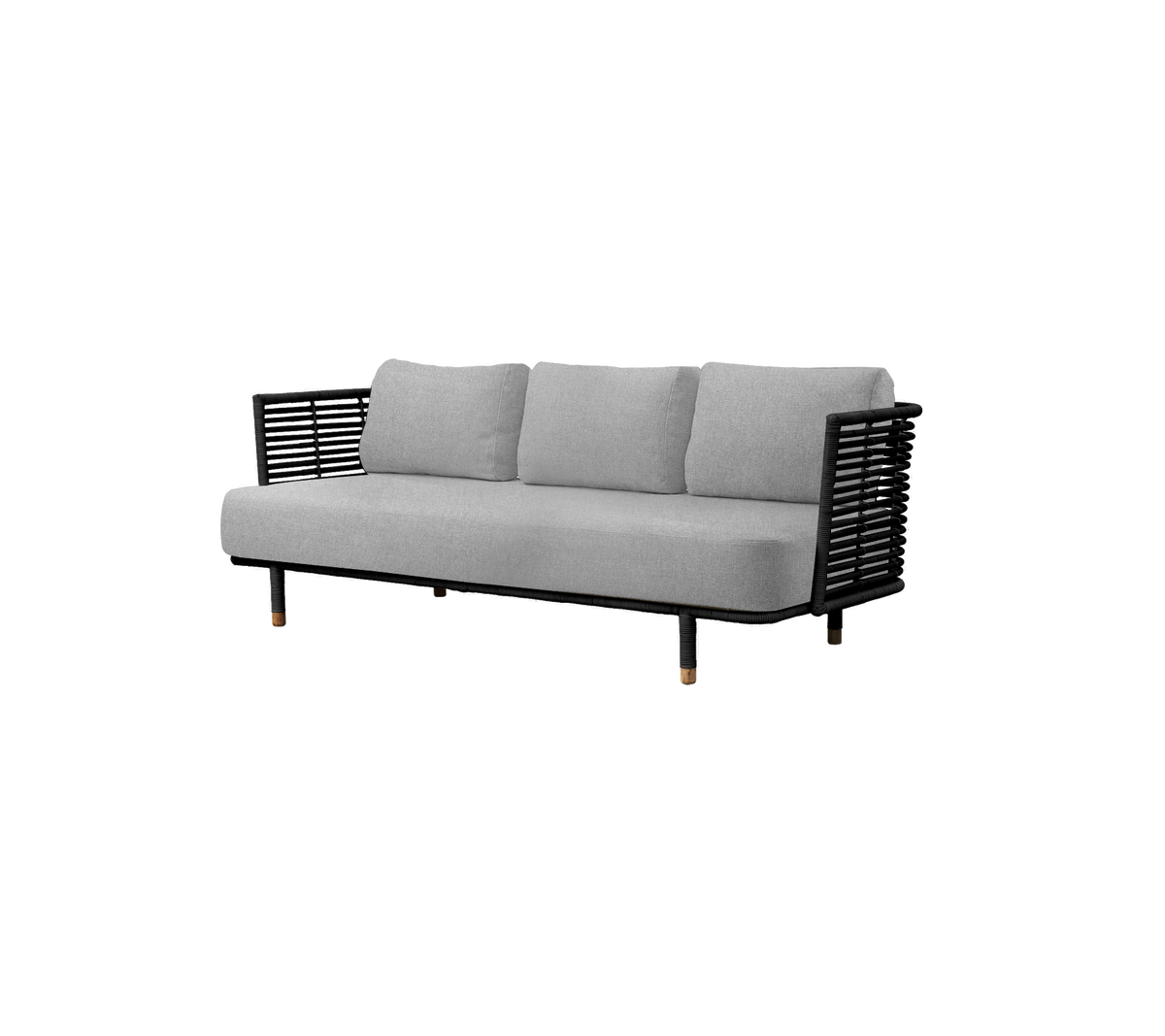 Stylish sofa in gray with three cushioned seats and black woven side panels, offering modern comfort and design.