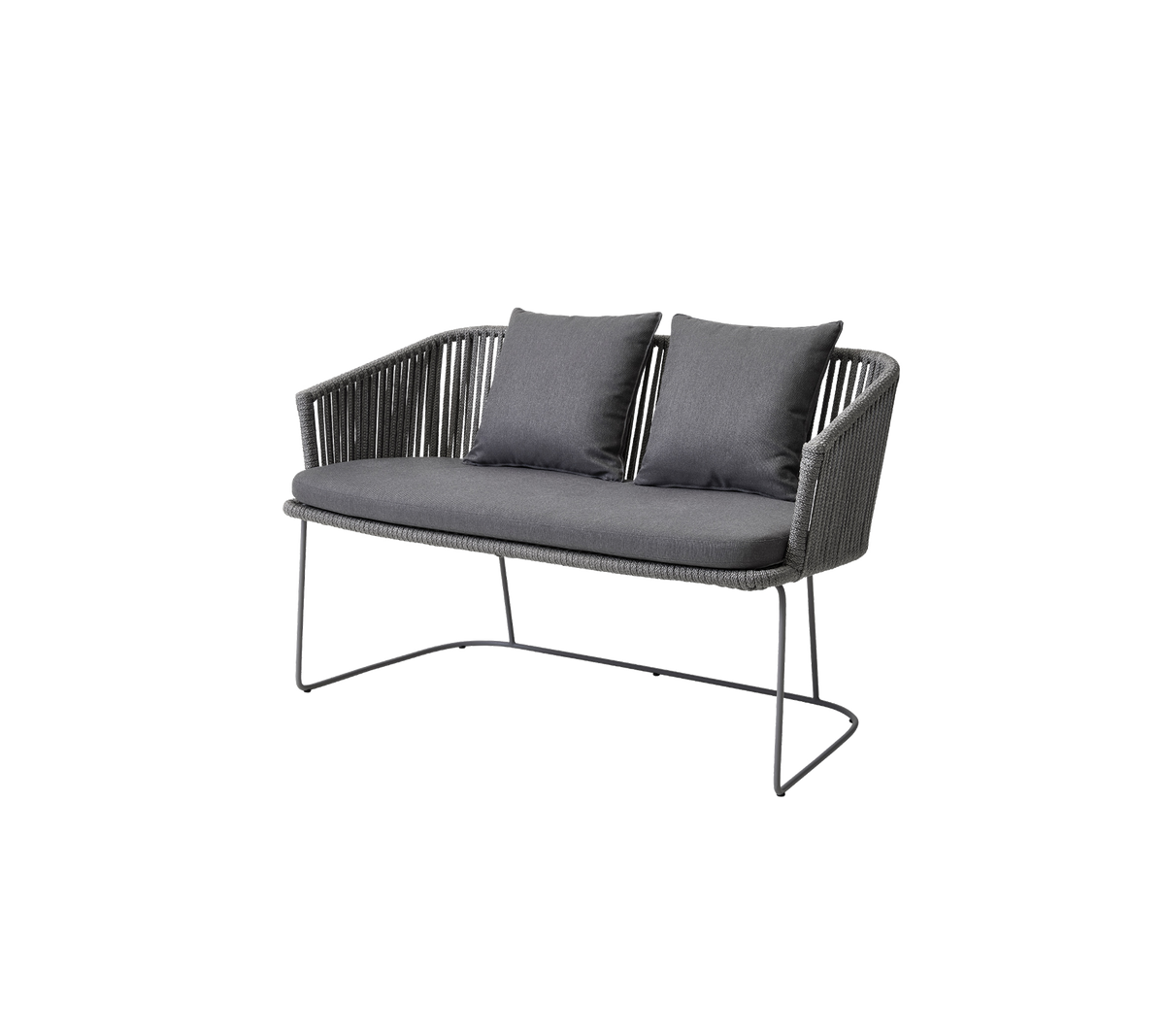 Two-seater sofa with a sleek design, featuring a woven seat and plush cushions in a dark color scheme.