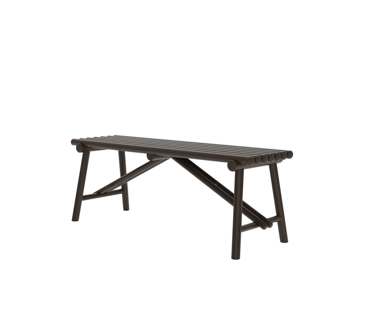 A simple, dark brown wooden bench with a sturdy design, featuring a slatted top and angled legs.