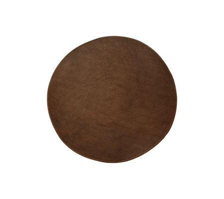 A round, textured rug in brown, suitable for various uses such as a decorative piece or a functional accessory.