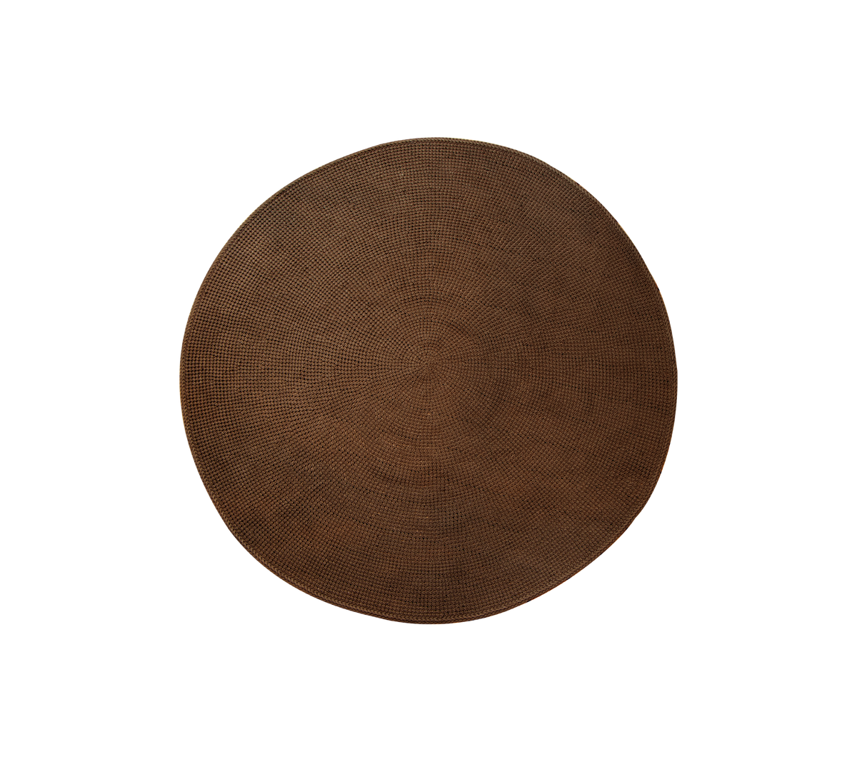A round, textured rug in brown, suitable for various uses such as a decorative piece or a functional accessory.