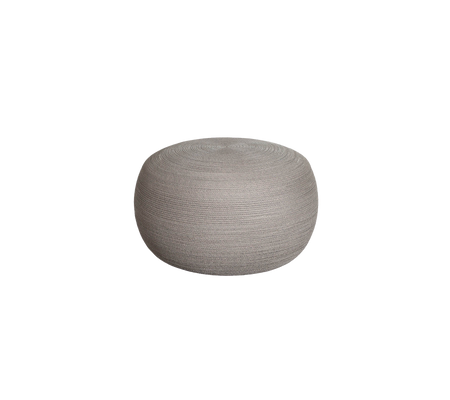 Round, textured pouf in a soft gray color, ideal for accent seating or as a decorative element in various spaces.