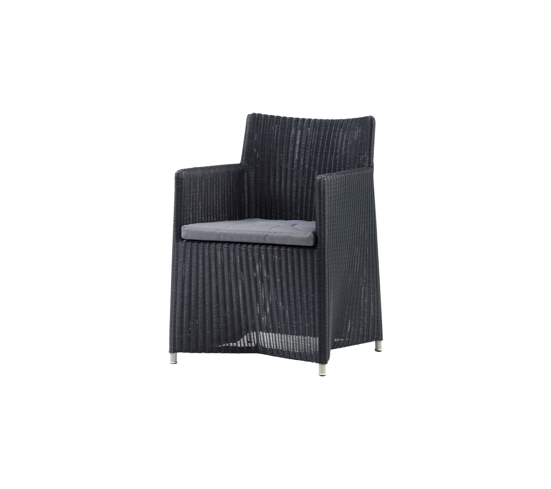 Stylish black woven chair with a soft gray cushion, perfect for relaxation in any setting.