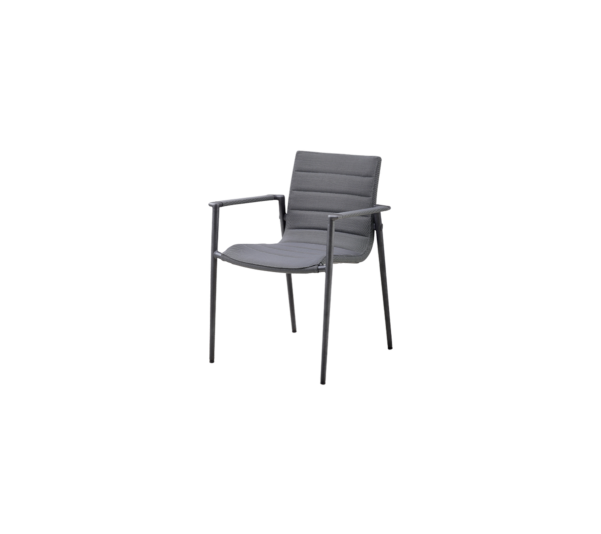 Stylish gray chair featuring padded seat and backrest with armrests, designed for comfort and modern decor.