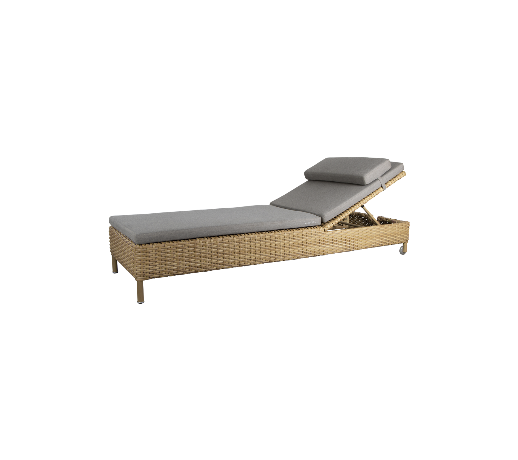 A stylish lounge chair featuring a sleek design with a gray cushion and woven frame, ideal for relaxation.