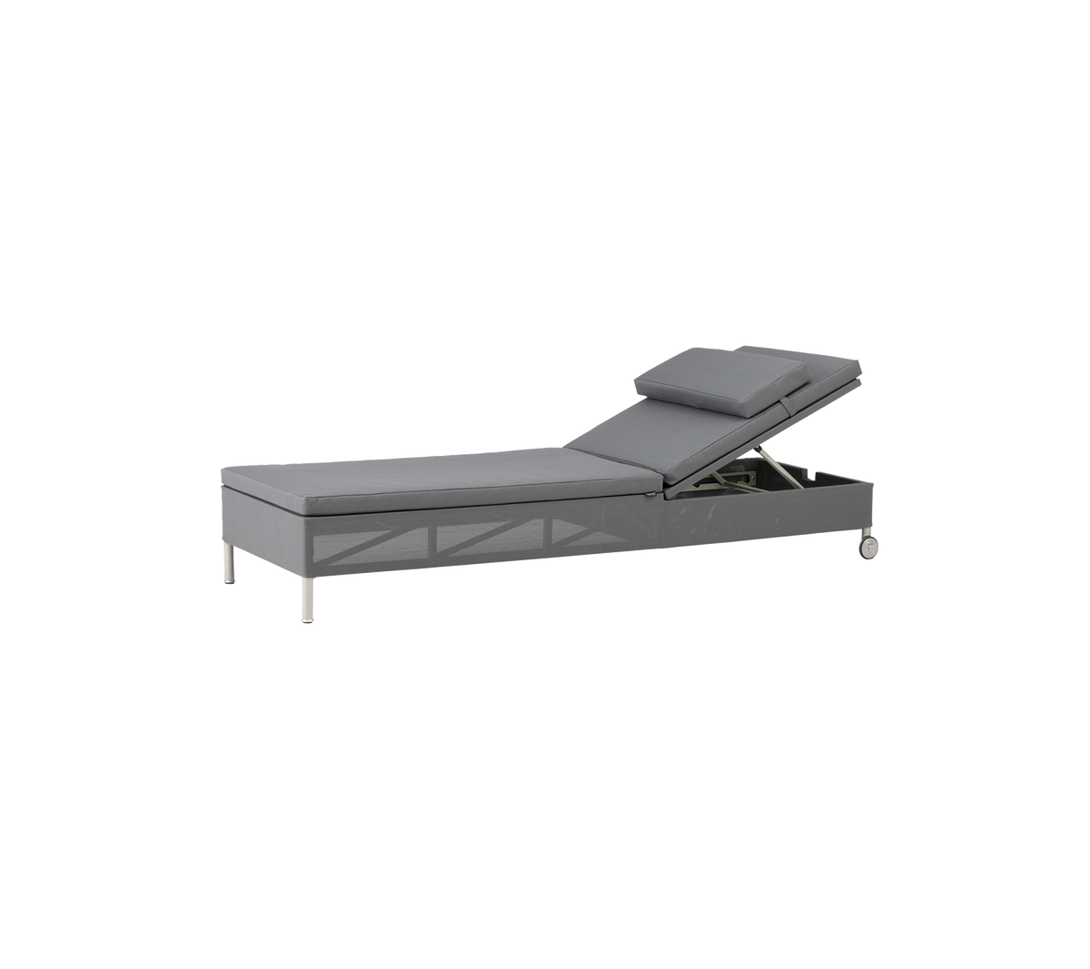 Adjustable gray chaise with a reclining backrest and built-in storage, featuring sleek design and metallic legs.