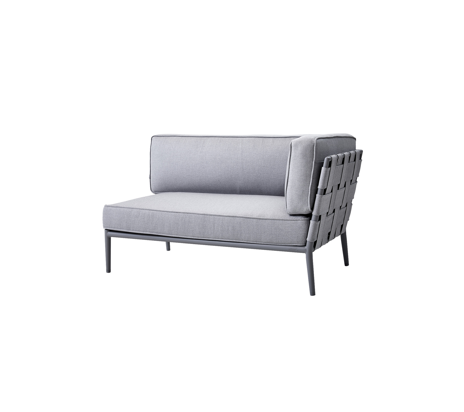 Modern gray lounge chair with a sleek design and woven backrest, perfect for stylish seating in various settings.