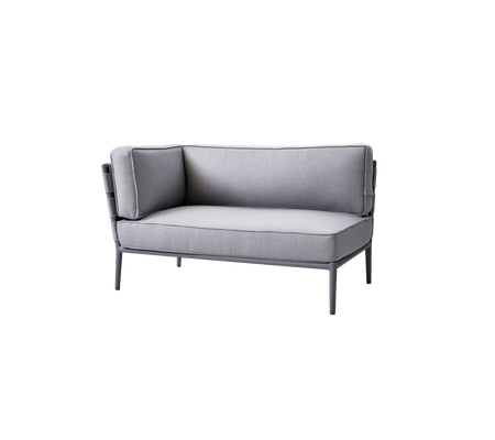 Gray two-seater sofa with plush cushions and a sleek metal frame, designed for comfort and modern aesthetics.