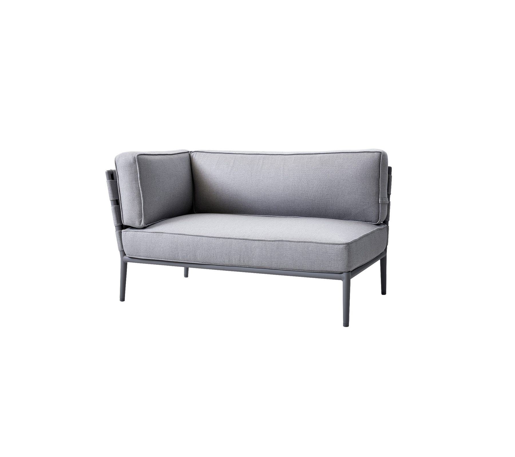 Gray two-seater sofa with plush cushions and a sleek metal frame, designed for comfort and modern aesthetics.