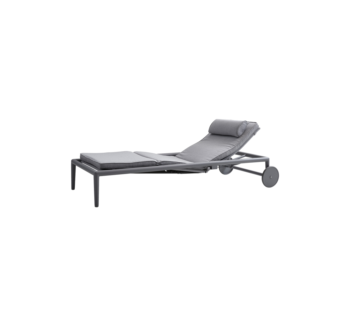 A grey adjustable lounge chair featuring a cushioned seat and a headrest, designed for relaxation and comfort.