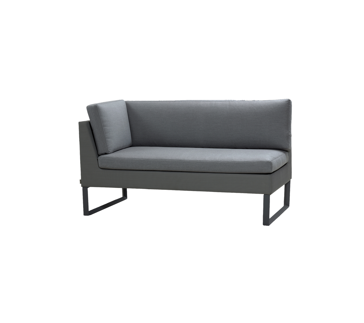 Gray two-seater sofa with simple lines and a modern design, featuring padded seating and a sleek metal frame.