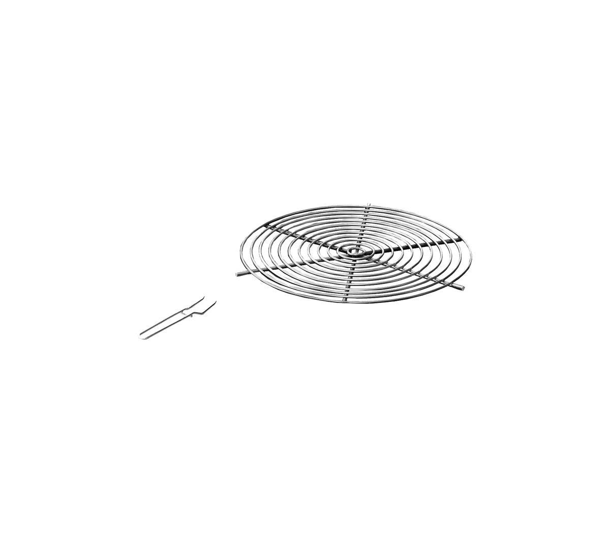 Metal cooling rack with a spiral design and a pair of lifting handles for easy removal. Ideal for cooling baked goods.