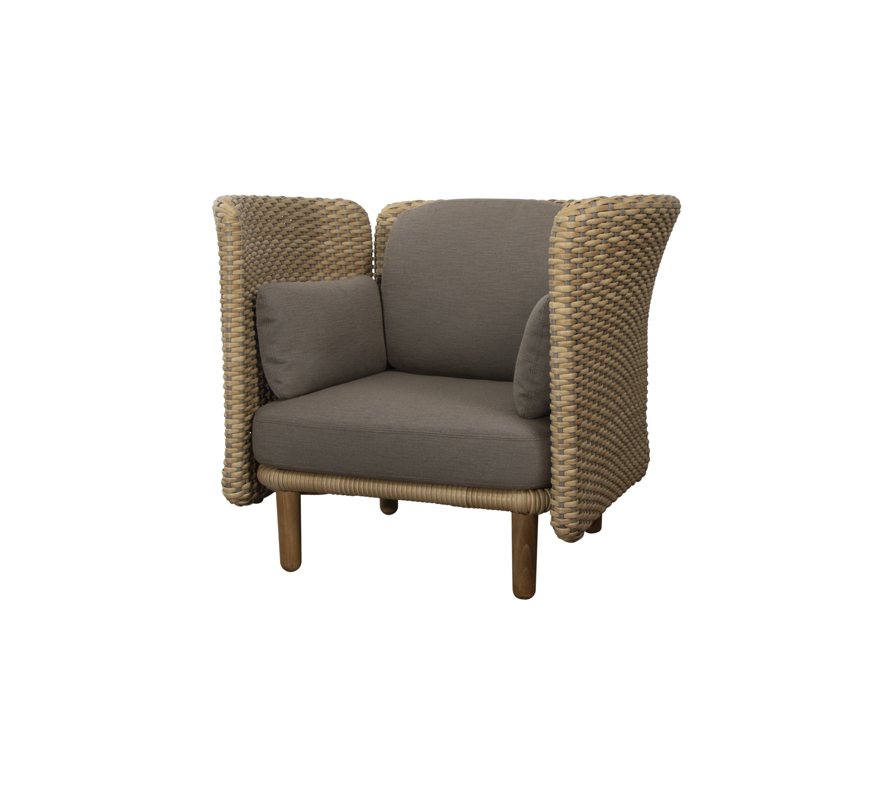 Stylish armchair featuring woven sides and a plush seat cushion, perfect for comfort and modern design aesthetics.